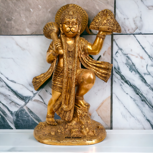 Brass Hanuman holding sanjeevni booti pital ki idol - 15 Inches Nikuressence