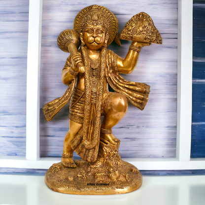 Brass Hanuman holding sanjeevni booti pital ki idol - 15 Inches Nikuressence