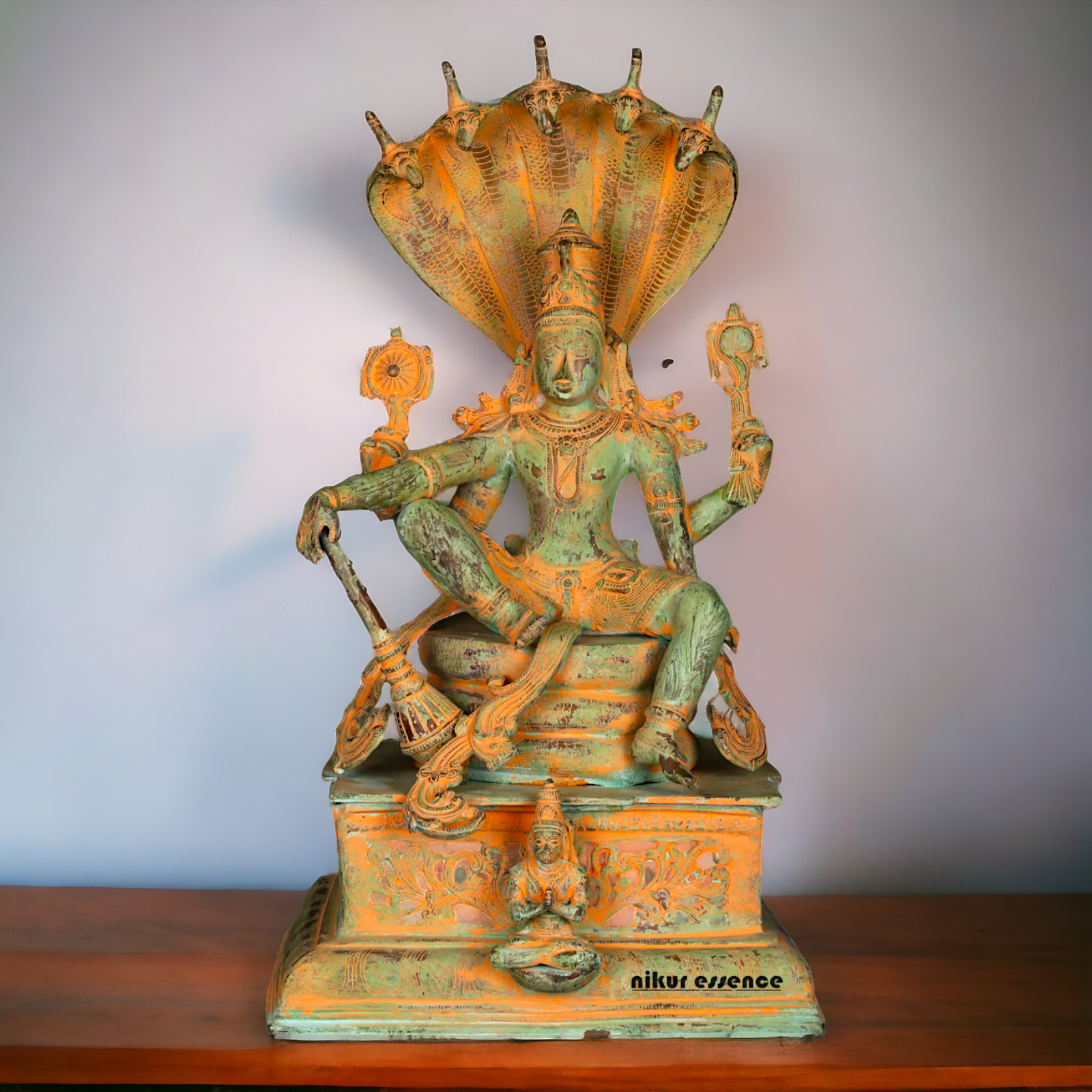 Vishnu seeting on Sheshnag Brass idol - 28 Inches Nikuressence