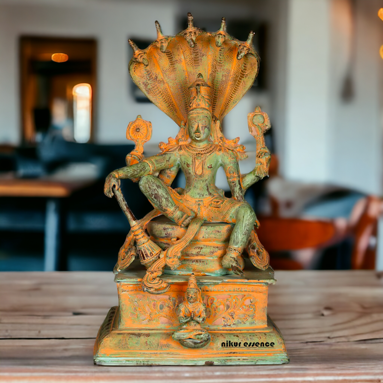 Vishnu seeting on Sheshnag Brass idol - 28 Inches Nikuressence