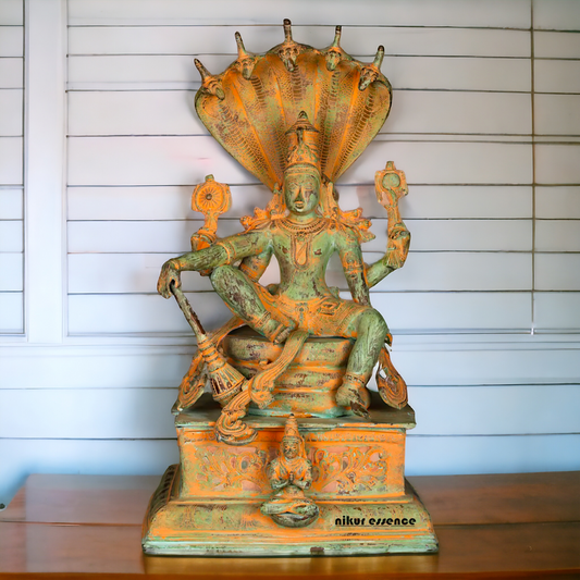 Vishnu seeting on Sheshnag Brass idol - 28 Inches Nikuressence