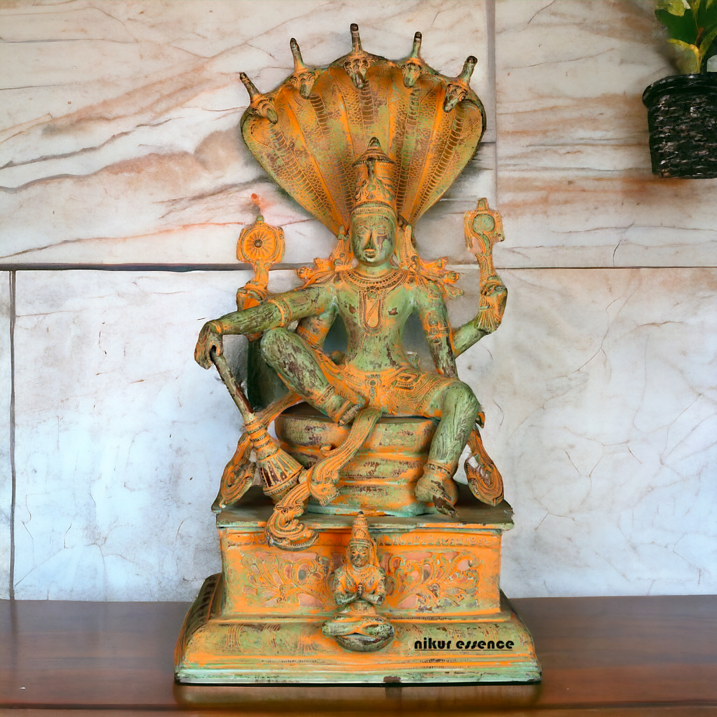 Vishnu seeting on Sheshnag Brass idol - 28 Inches Nikuressence