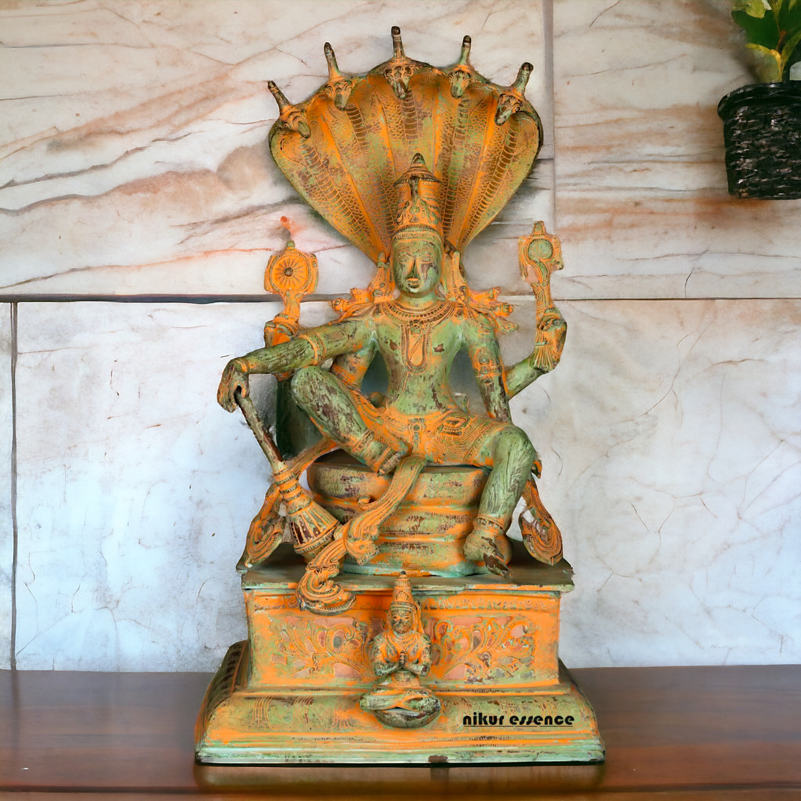 Vishnu seeting on Sheshnag Brass idol - 28 Inches Nikuressence