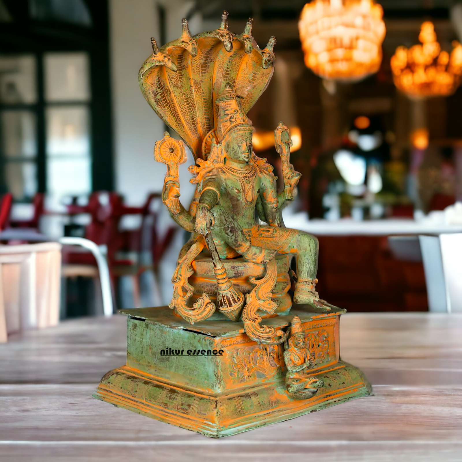 Vishnu seeting on Sheshnag Brass idol - 28 Inches Nikuressence