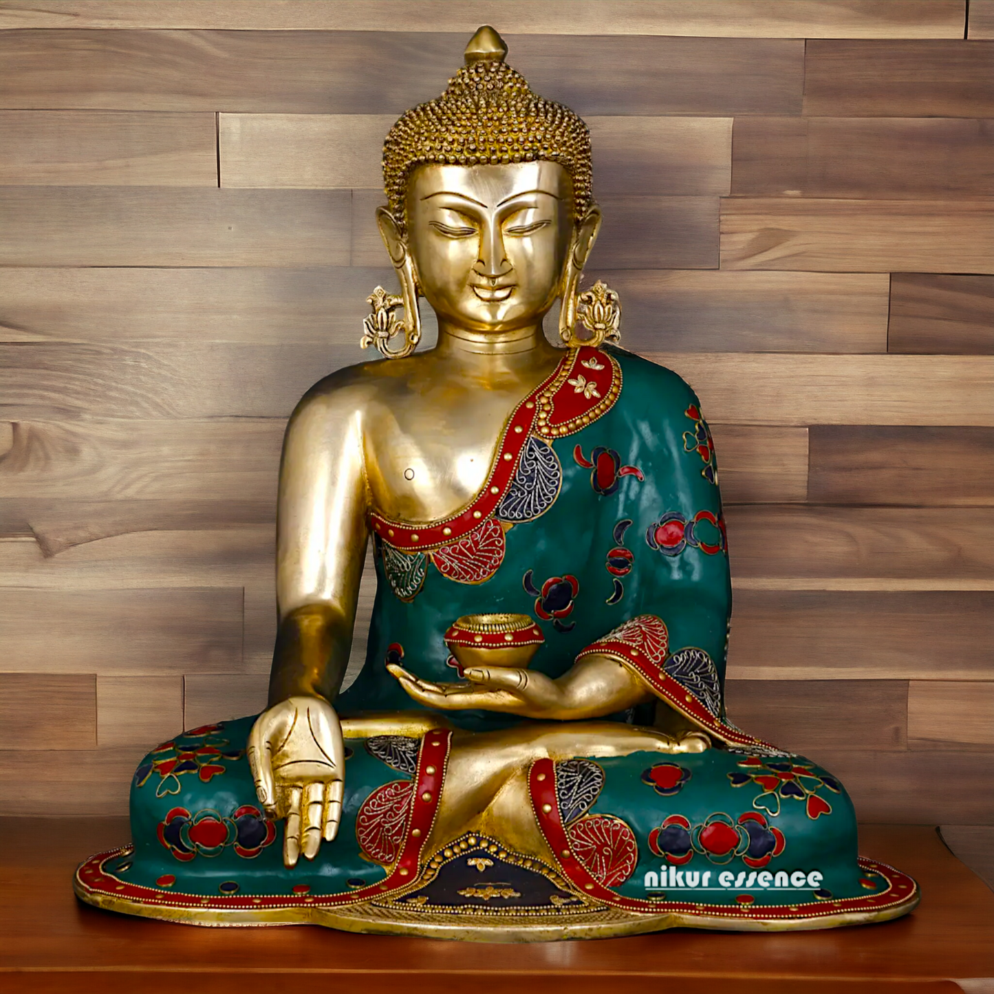 Buddha Sitting Brass Pital with Stone Work idol - 17 inches Nikuressence