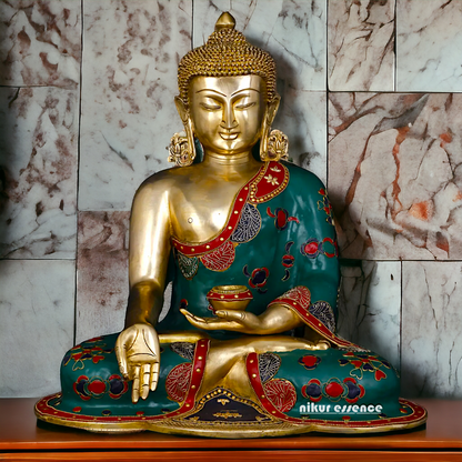 Buddha Sitting Brass Pital with Stone Work idol - 17 inches Nikuressence