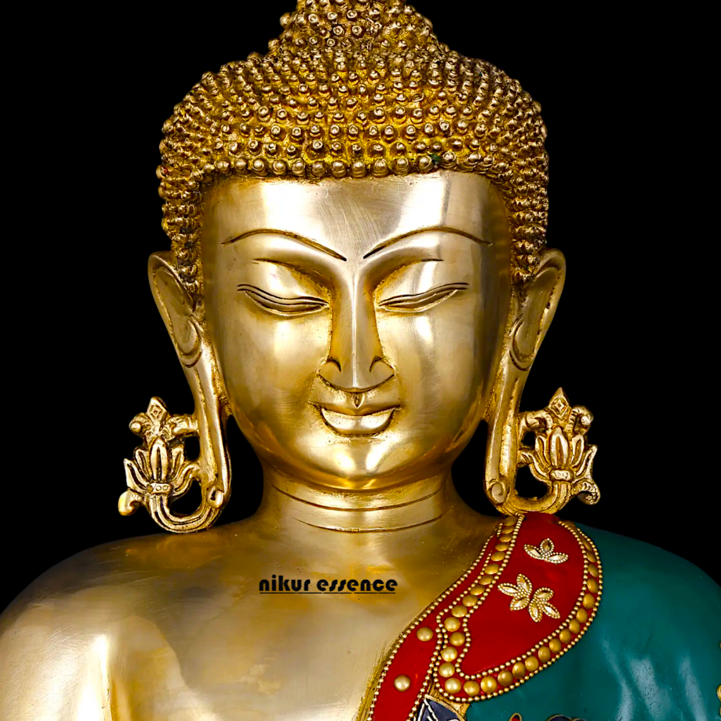 Buddha Sitting Brass Pital with Stone Work idol - 17 inches Nikuressence