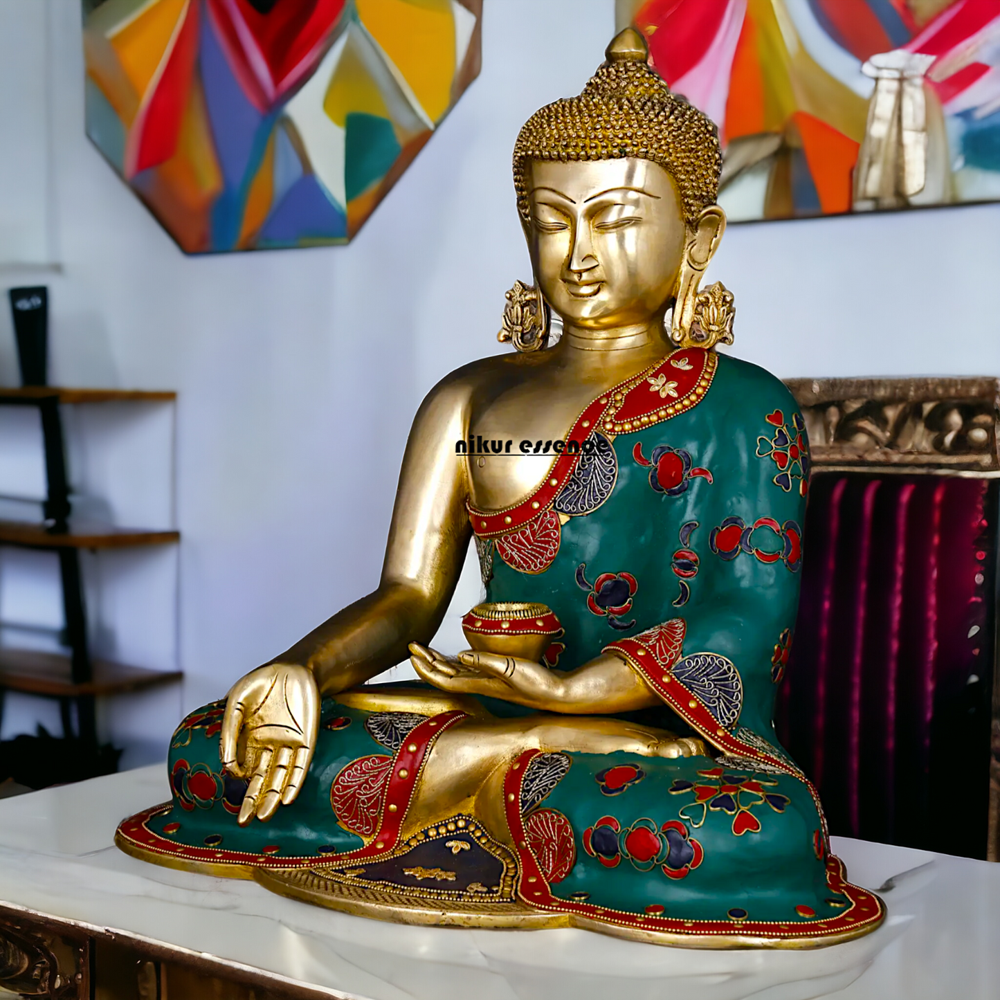 Buddha Sitting Brass Pital with Stone Work idol - 17 inches Nikuressence