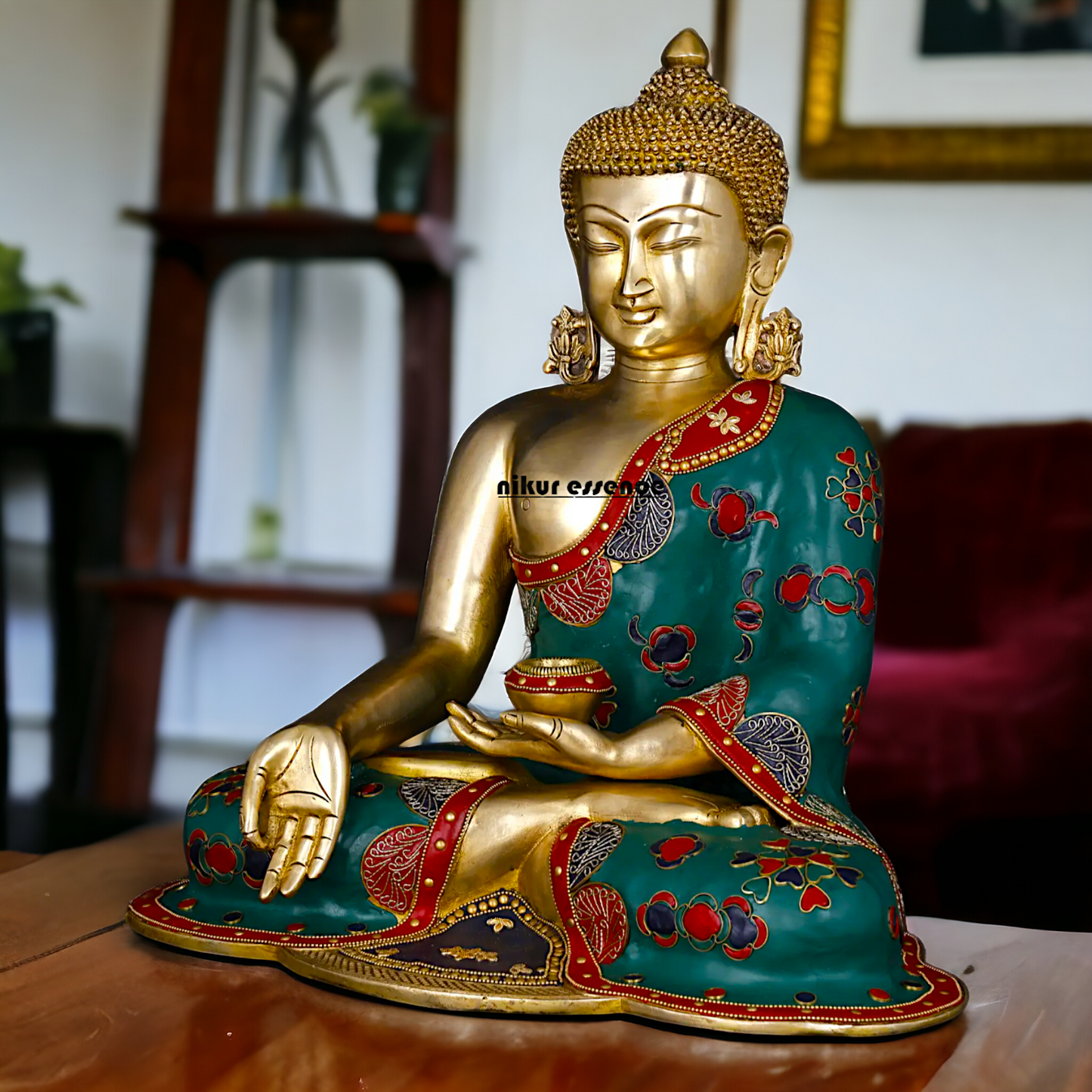 Buddha Sitting Brass Pital with Stone Work idol - 17 inches Nikuressence