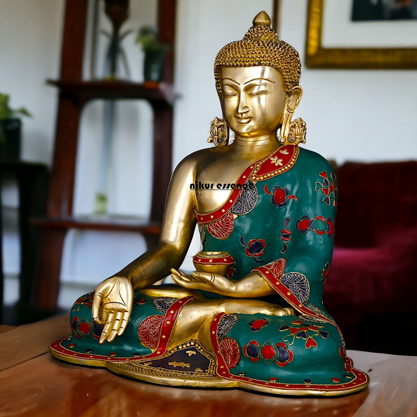 Buddha Sitting Brass Pital with Stone Work idol - 17 inches Nikuressence