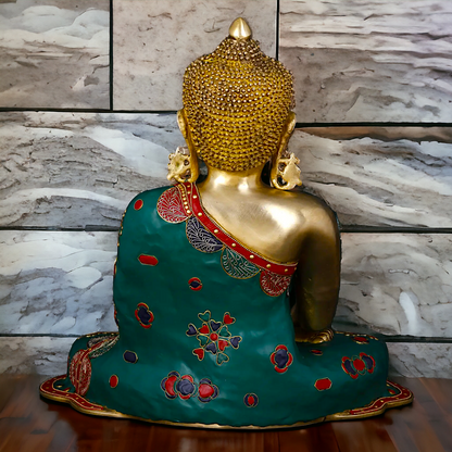 Buddha Sitting Brass Pital with Stone Work idol - 17 inches Nikuressence
