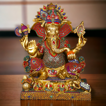 Big Ganesha Ganpati Sitting on Singhasan with Blessing Brass Stone work idol - 31 inches Nikuressence