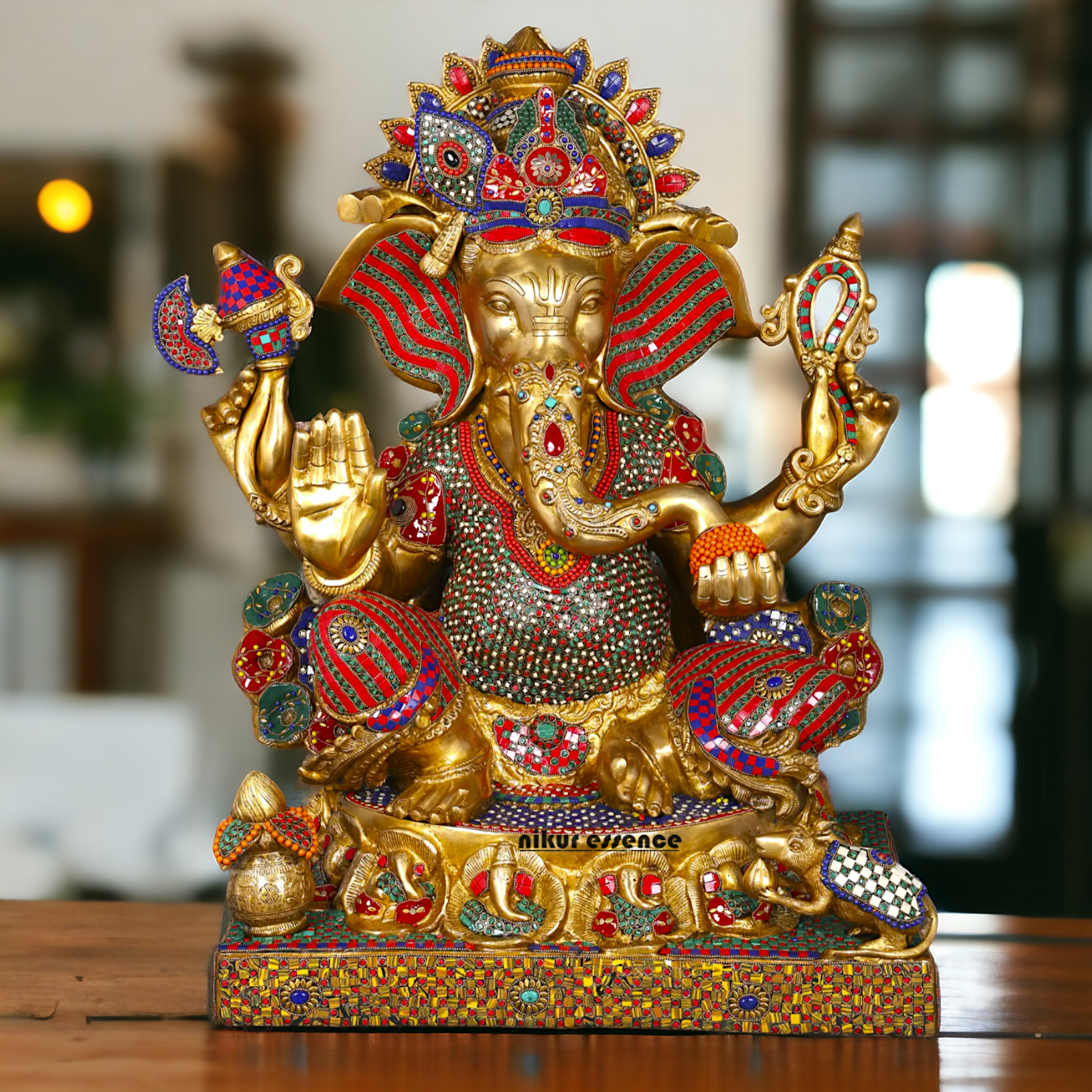 Big Ganesha Ganpati Sitting on Singhasan with Blessing Brass Stone work idol - 31 inches Nikuressence