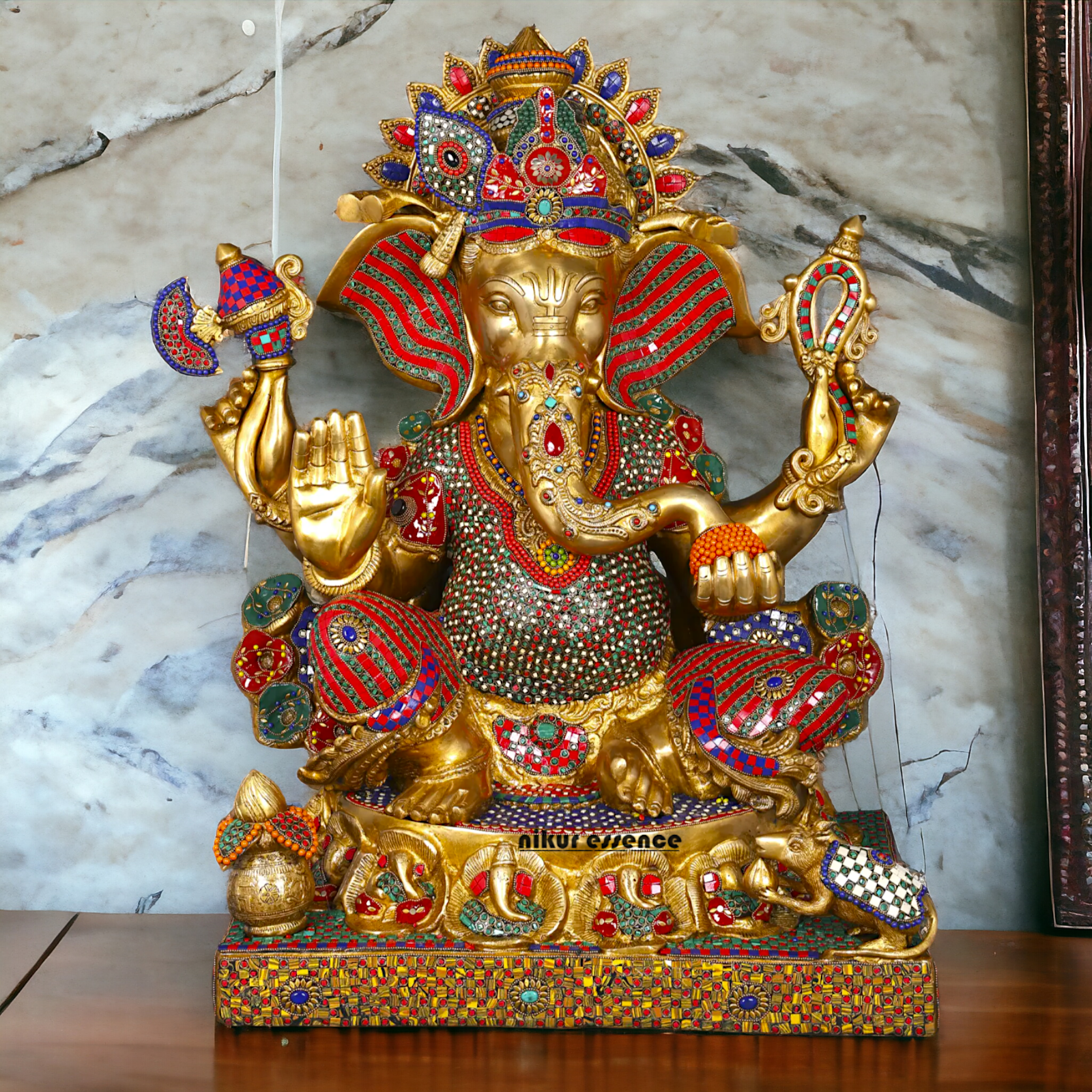 Big Ganesha Ganpati Sitting on Singhasan with Blessing Brass Stone work idol - 31 inches Nikuressence