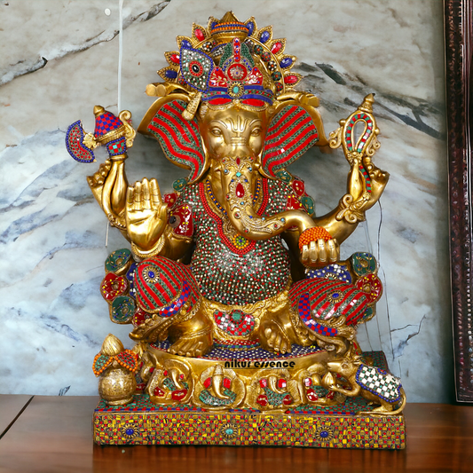 Big Ganesha Ganpati Sitting on Singhasan with Blessing Brass Stone work idol - 31 inches Nikuressence