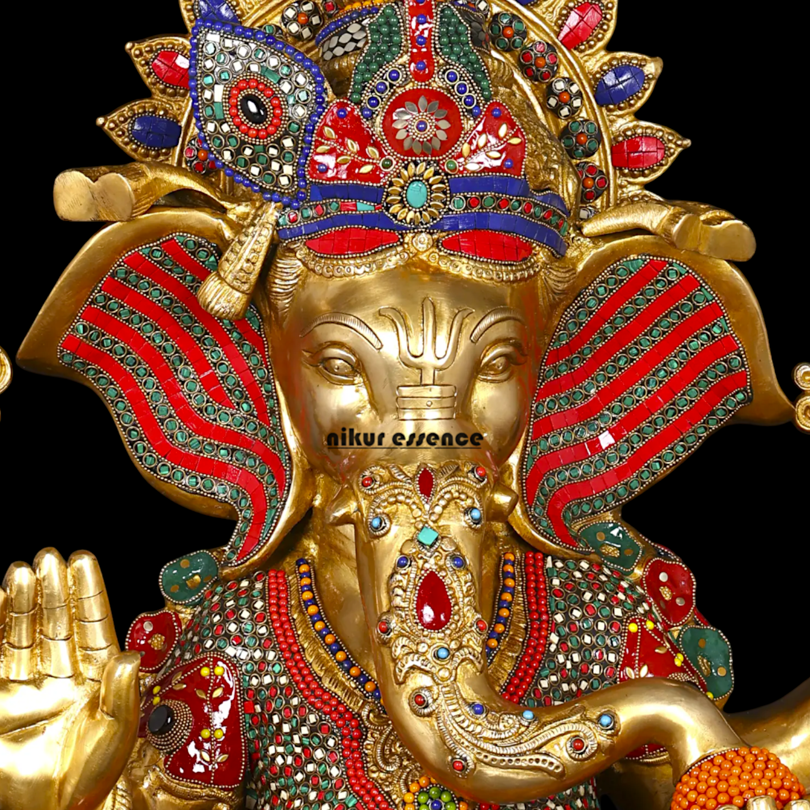 Big Ganesha Ganpati Sitting on Singhasan with Blessing Brass Stone work idol - 31 inches Nikuressence
