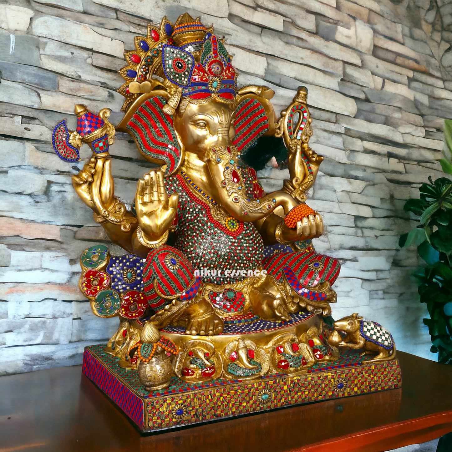 Big Ganesha Ganpati Sitting on Singhasan with Blessing Brass Stone work idol - 31 inches Nikuressence