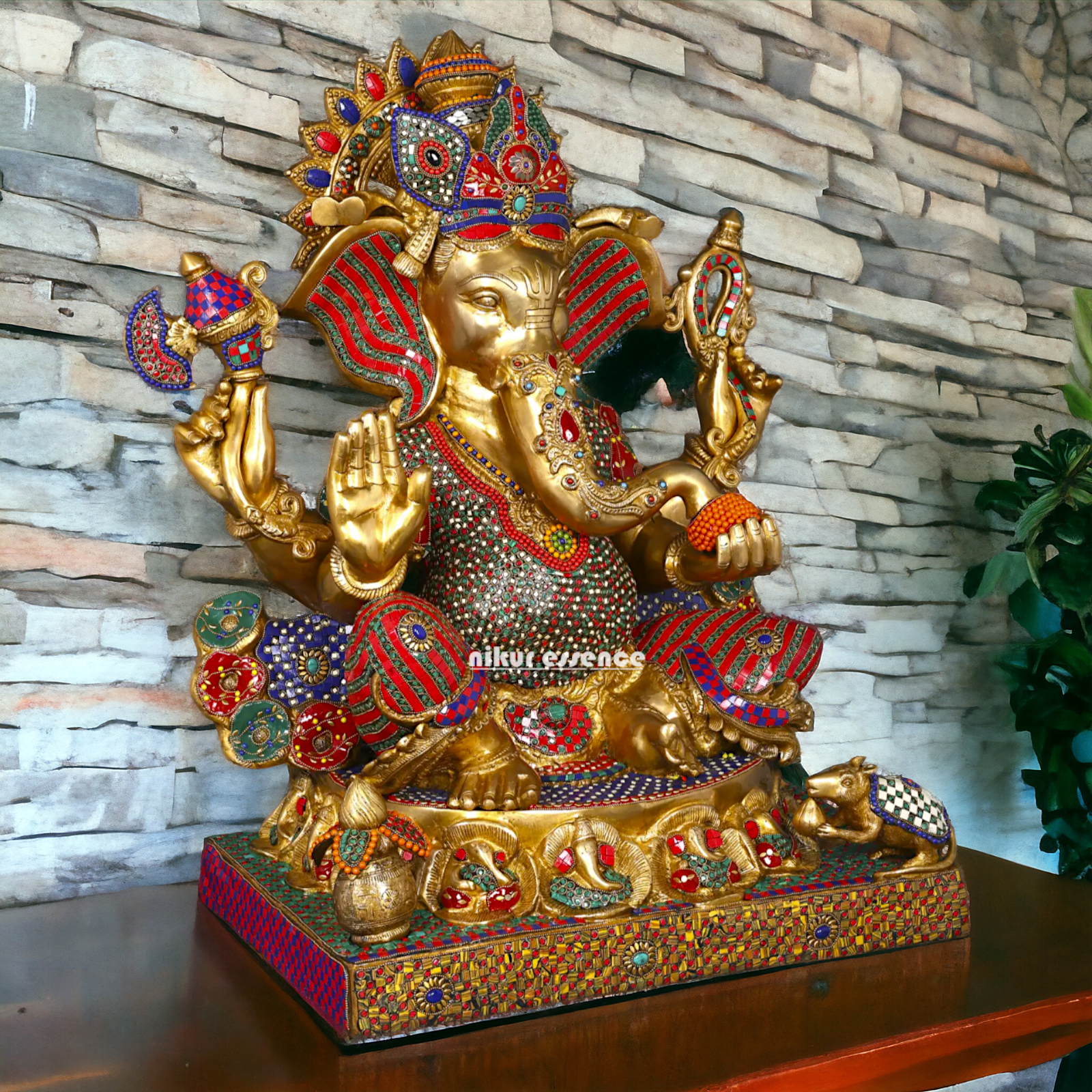 Big Ganesha Ganpati Sitting on Singhasan with Blessing Brass Stone work idol - 31 inches Nikuressence