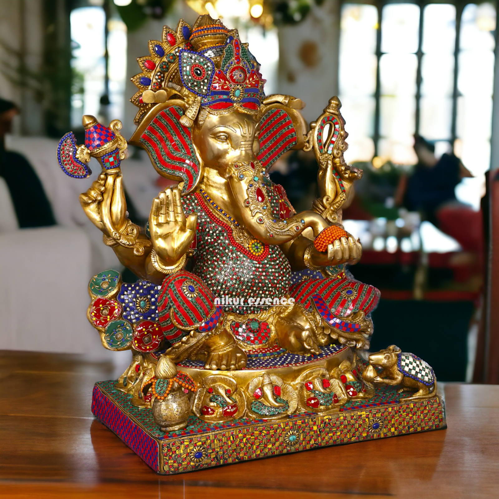 Big Ganesha Ganpati Sitting on Singhasan with Blessing Brass Stone work idol - 31 inches Nikuressence