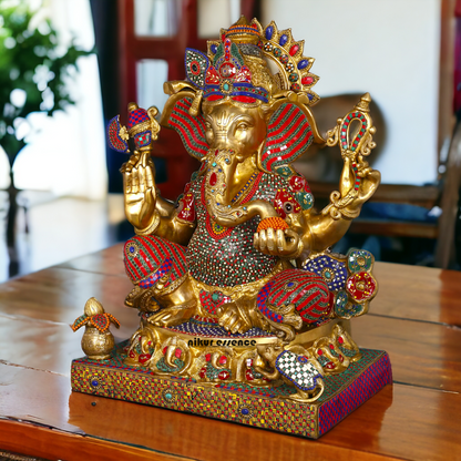 Big Ganesha Ganpati Sitting on Singhasan with Blessing Brass Stone work idol - 31 inches Nikuressence
