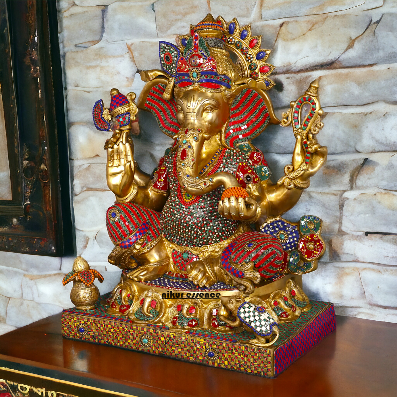 Big Ganesha Ganpati Sitting on Singhasan with Blessing Brass Stone work idol - 31 inches Nikuressence