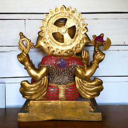 Big Ganesha Ganpati Sitting on Singhasan with Blessing Brass Stone work idol - 31 inches Nikuressence