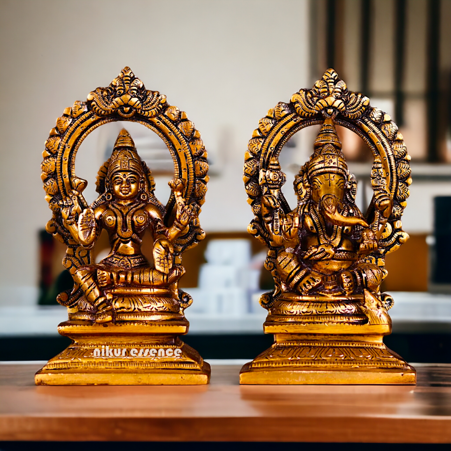 Antique brass Lakshmi Ganesh Pair statue - 7.5 inches Nikuressence