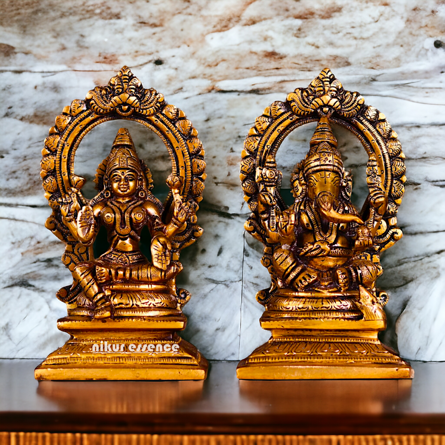 Antique brass Lakshmi Ganesh Pair statue - 7.5 inches Nikuressence