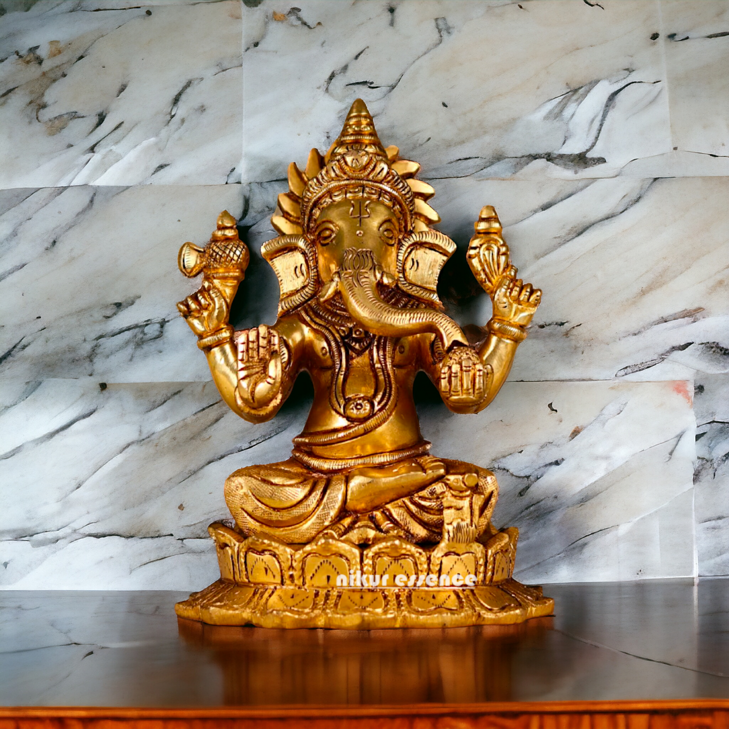 Antique Ganesha Sitting on Lotus Good quality Brass - 6 inches Nikuressence