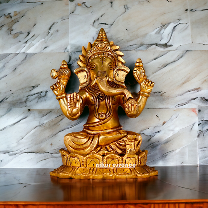 Antique Ganesha Sitting on Lotus Good quality Brass - 6 inches Nikuressence