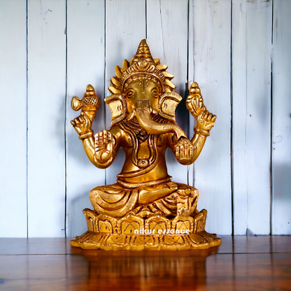 Antique Ganesha Sitting on Lotus Good quality Brass - 6 inches Nikuressence