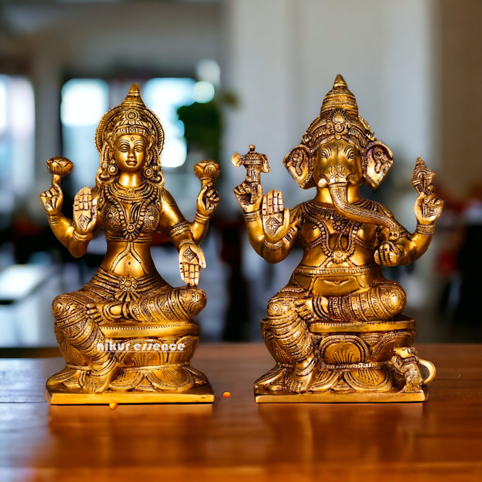 Lakshmi Ganesha Sitting on Singhasan Pure Brass idol - 12.1 inches Nikuressence