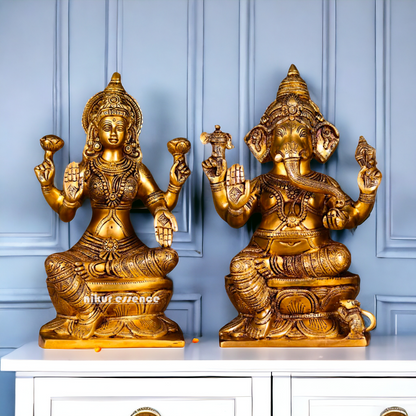 Lakshmi Ganesha Sitting on Singhasan Pure Brass idol - 12.1 inches Nikuressence