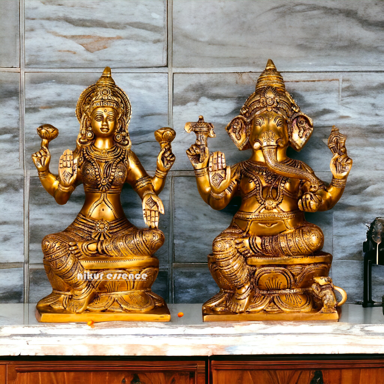 Lakshmi Ganesha Sitting on Singhasan Pure Brass idol - 12.1 inches Nikuressence