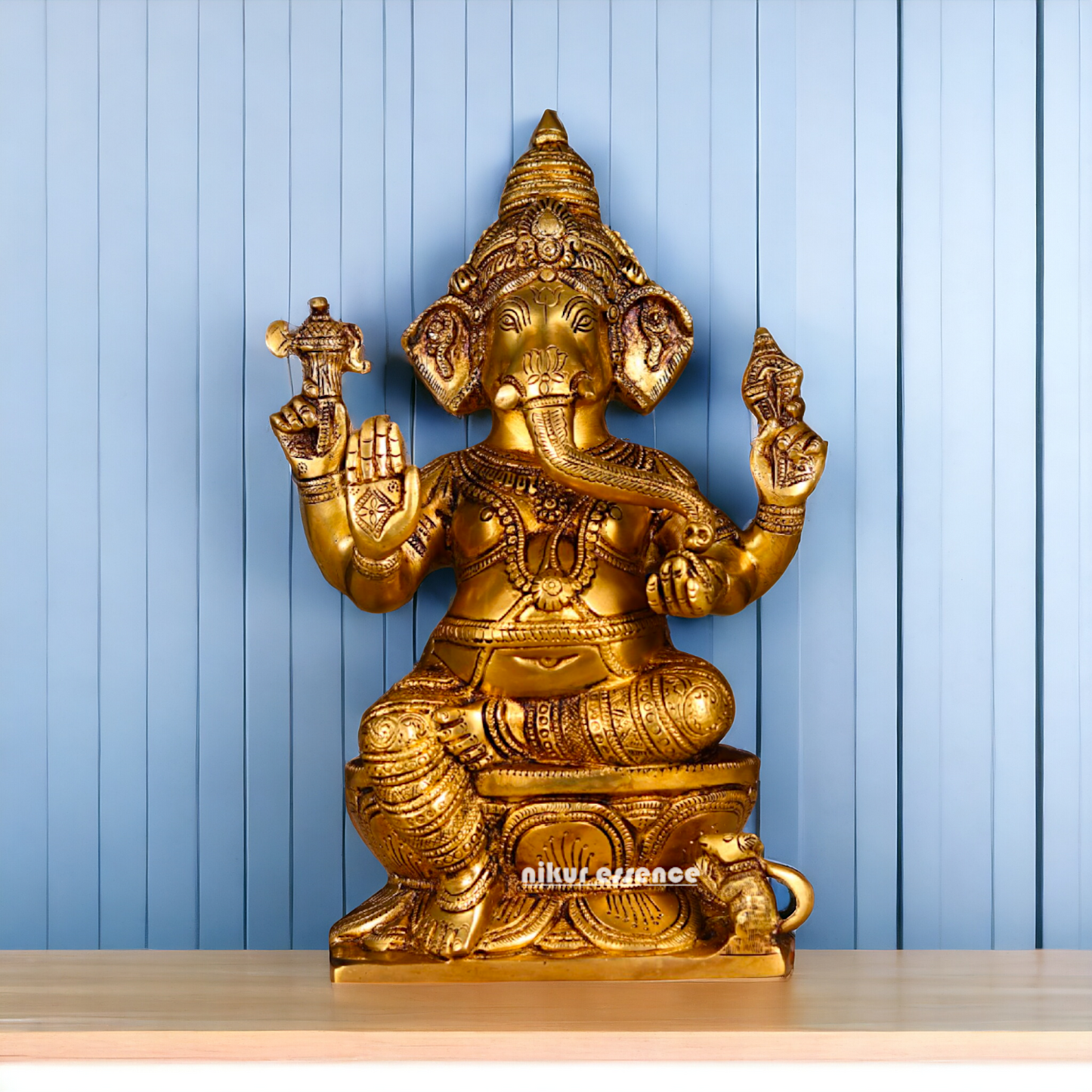 Lakshmi Ganesha Sitting on Singhasan Pure Brass idol - 12.1 inches Nikuressence
