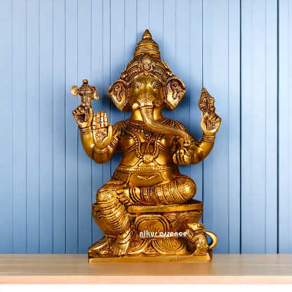 Lakshmi Ganesha Sitting on Singhasan Pure Brass idol - 12.1 inches Nikuressence