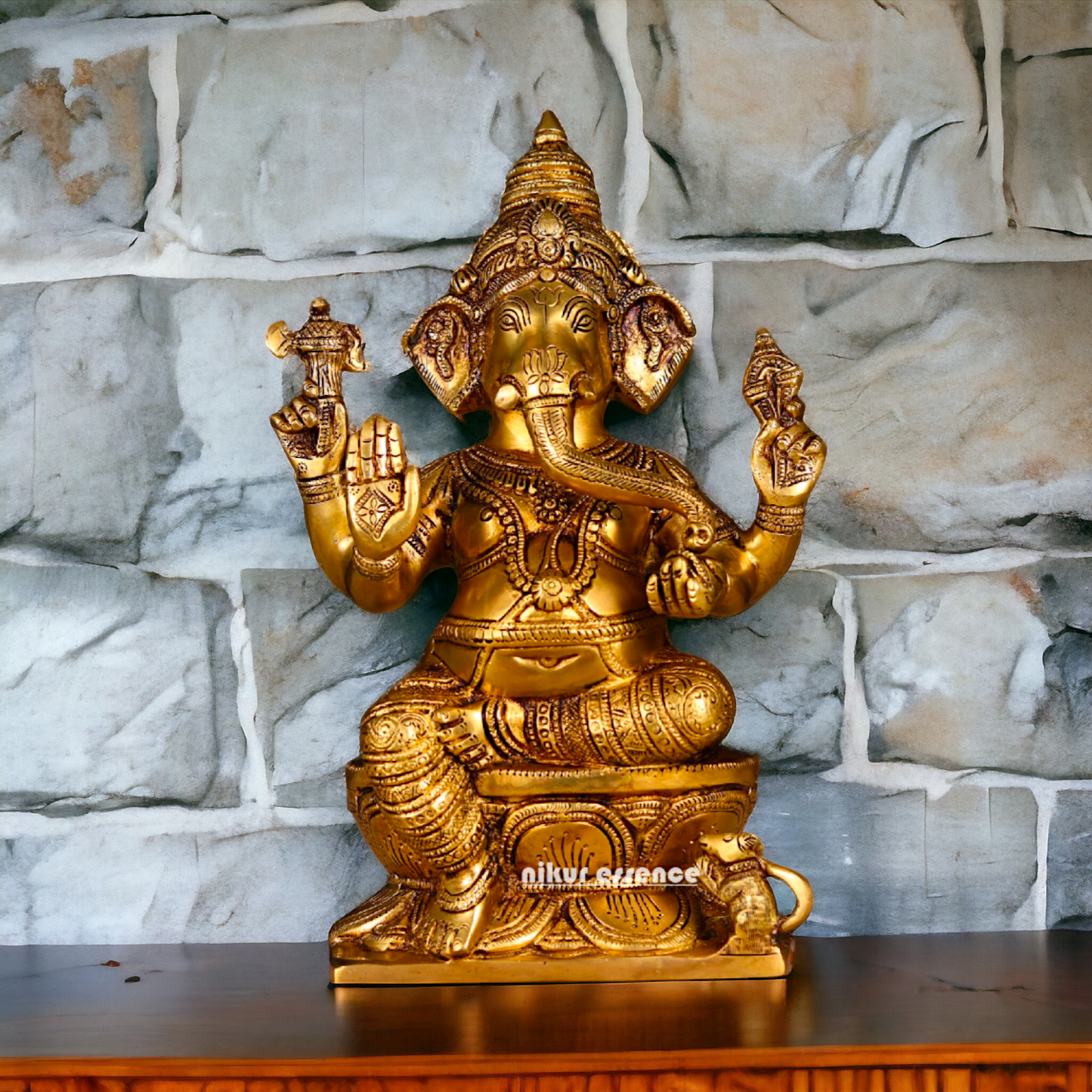 Lakshmi Ganesha Sitting on Singhasan Pure Brass idol - 12.1 inches Nikuressence