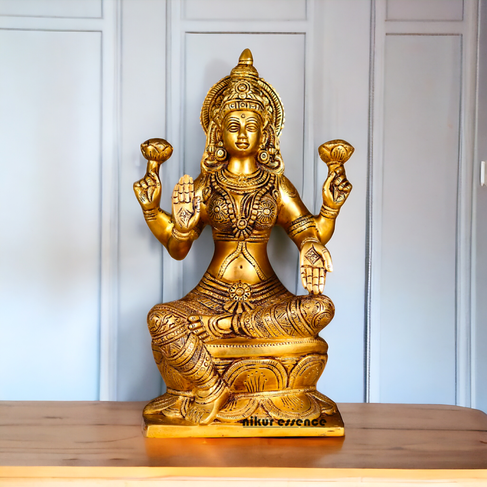 Lakshmi Ganesha Sitting on Singhasan Pure Brass idol - 12.1 inches Nikuressence