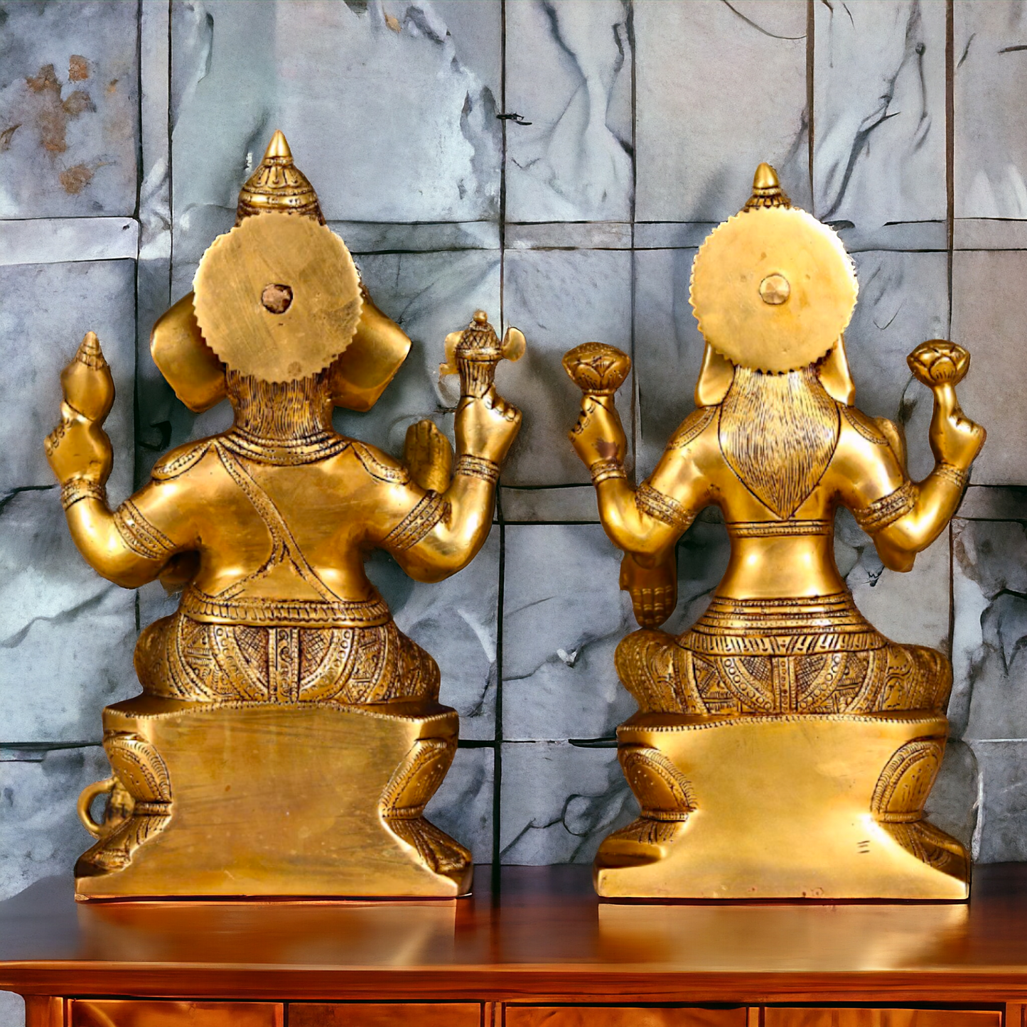 Lakshmi Ganesha Sitting on Singhasan Pure Brass idol - 12.1 inches Nikuressence