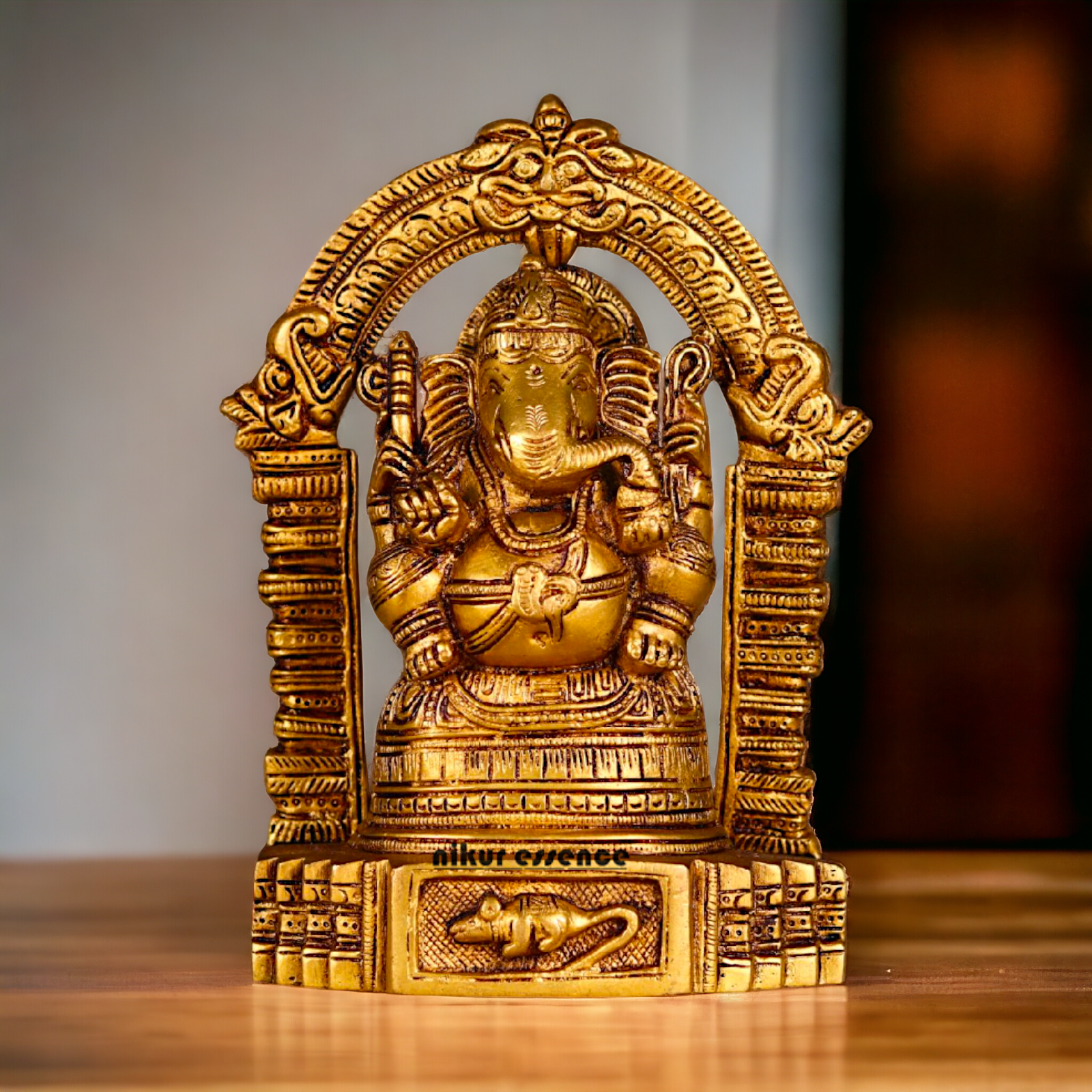 Ganesha Vinayaka Sitting on Singhasan Pure Pital ki Murti - 8 inches Nikuressence