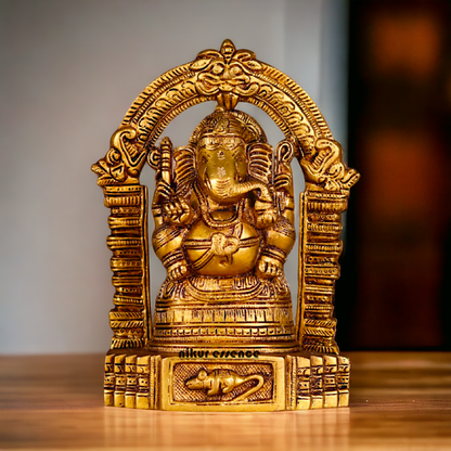 Ganesha Vinayaka Sitting on Singhasan Pure Pital ki Murti - 8 inches Nikuressence