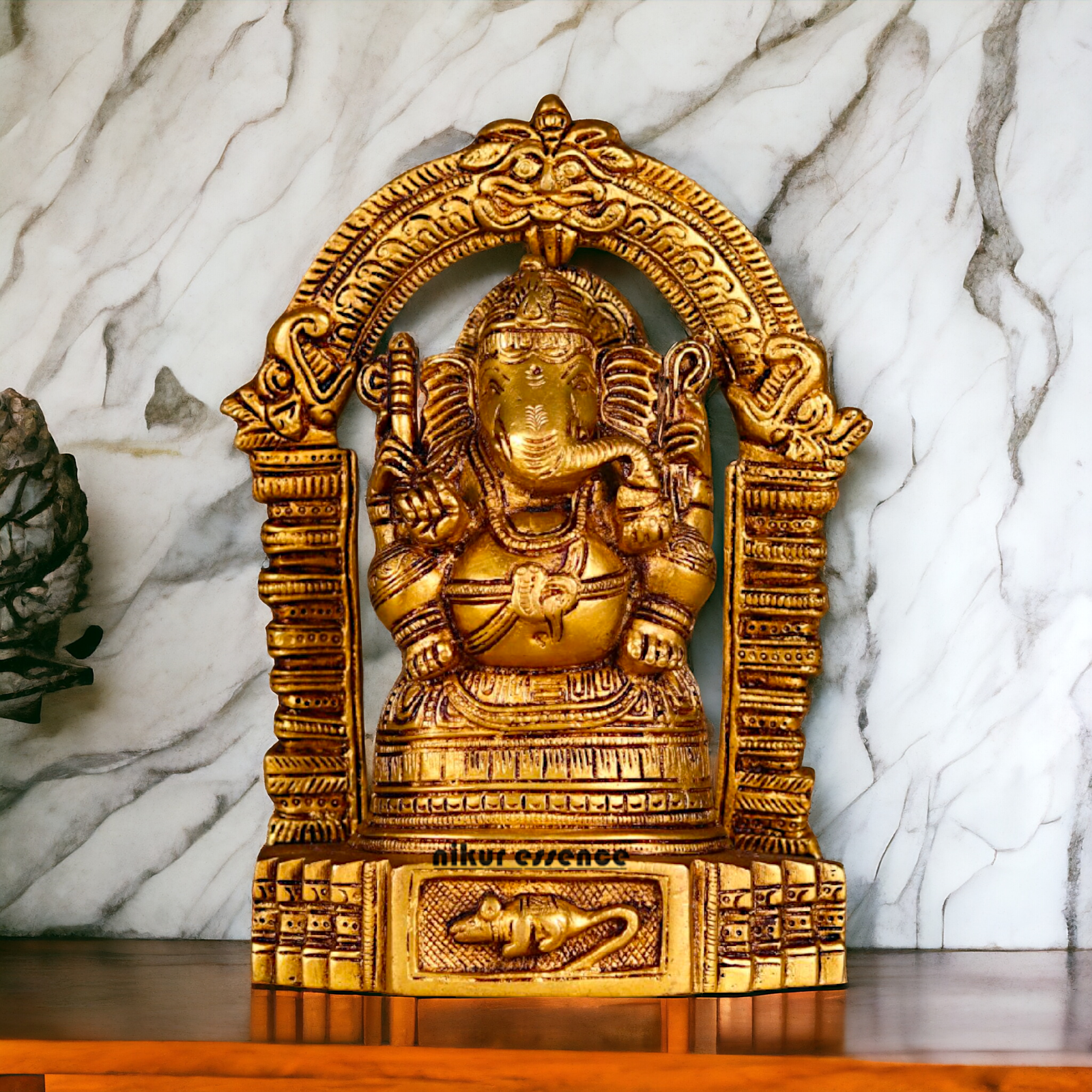 Ganesha Vinayaka Sitting on Singhasan Pure Pital ki Murti - 8 inches Nikuressence