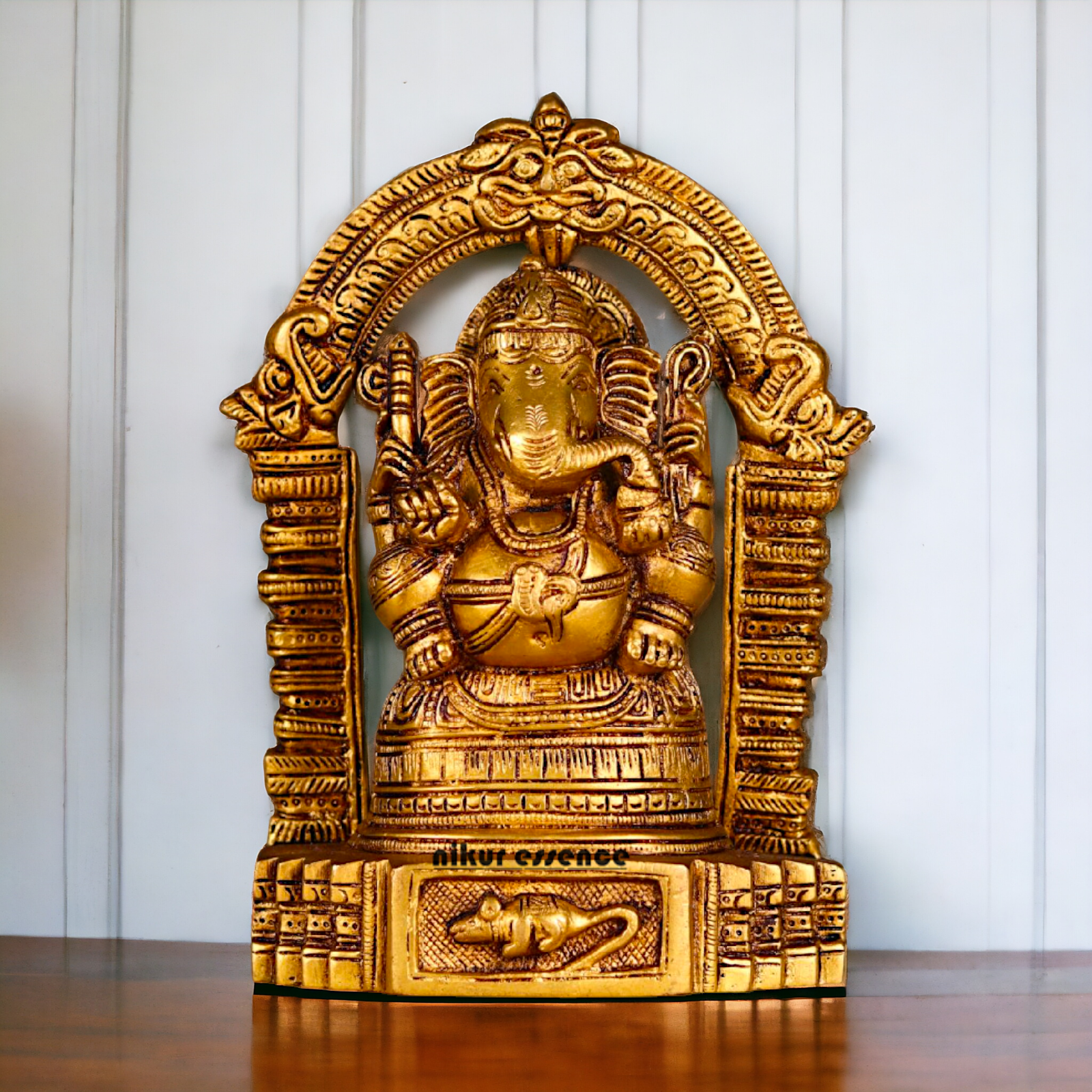 Ganesha Vinayaka Sitting on Singhasan Pure Pital ki Murti - 8 inches Nikuressence