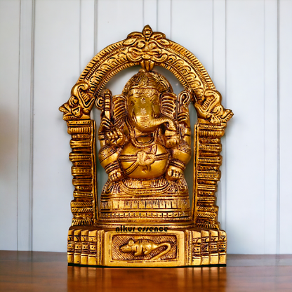 Ganesha Vinayaka Sitting on Singhasan Pure Pital ki Murti - 8 inches Nikuressence