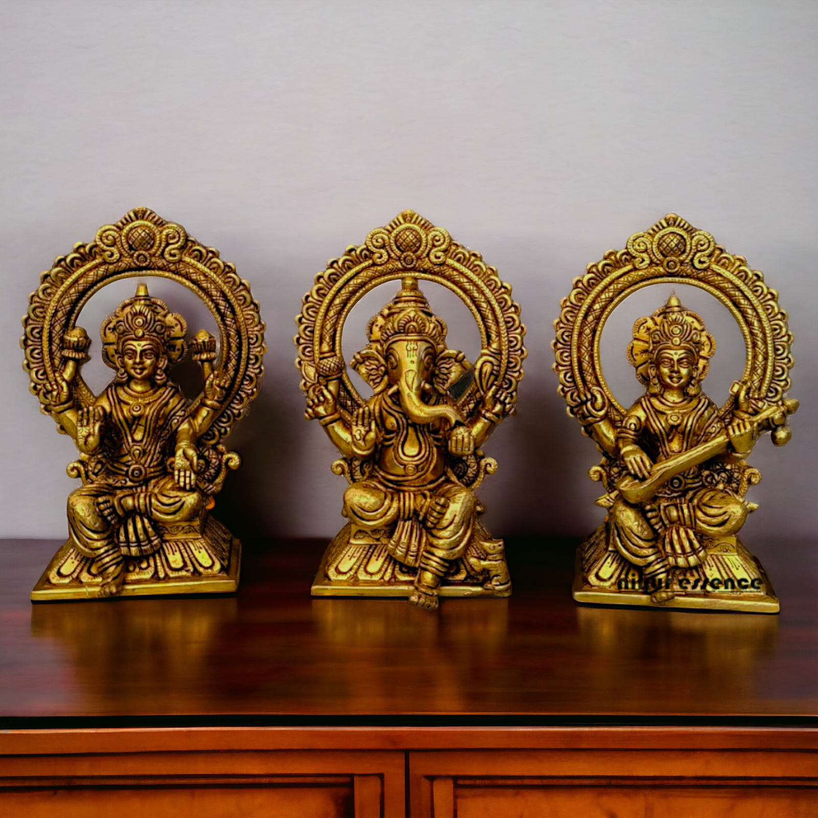 Ganesha Lakshmi Saraswati Sitting on Singhasan pital brass idol - 9.5 inch Nikuressence