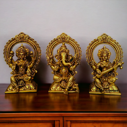 Ganesha Lakshmi Saraswati Sitting on Singhasan pital brass idol - 9.5 inch Nikuressence