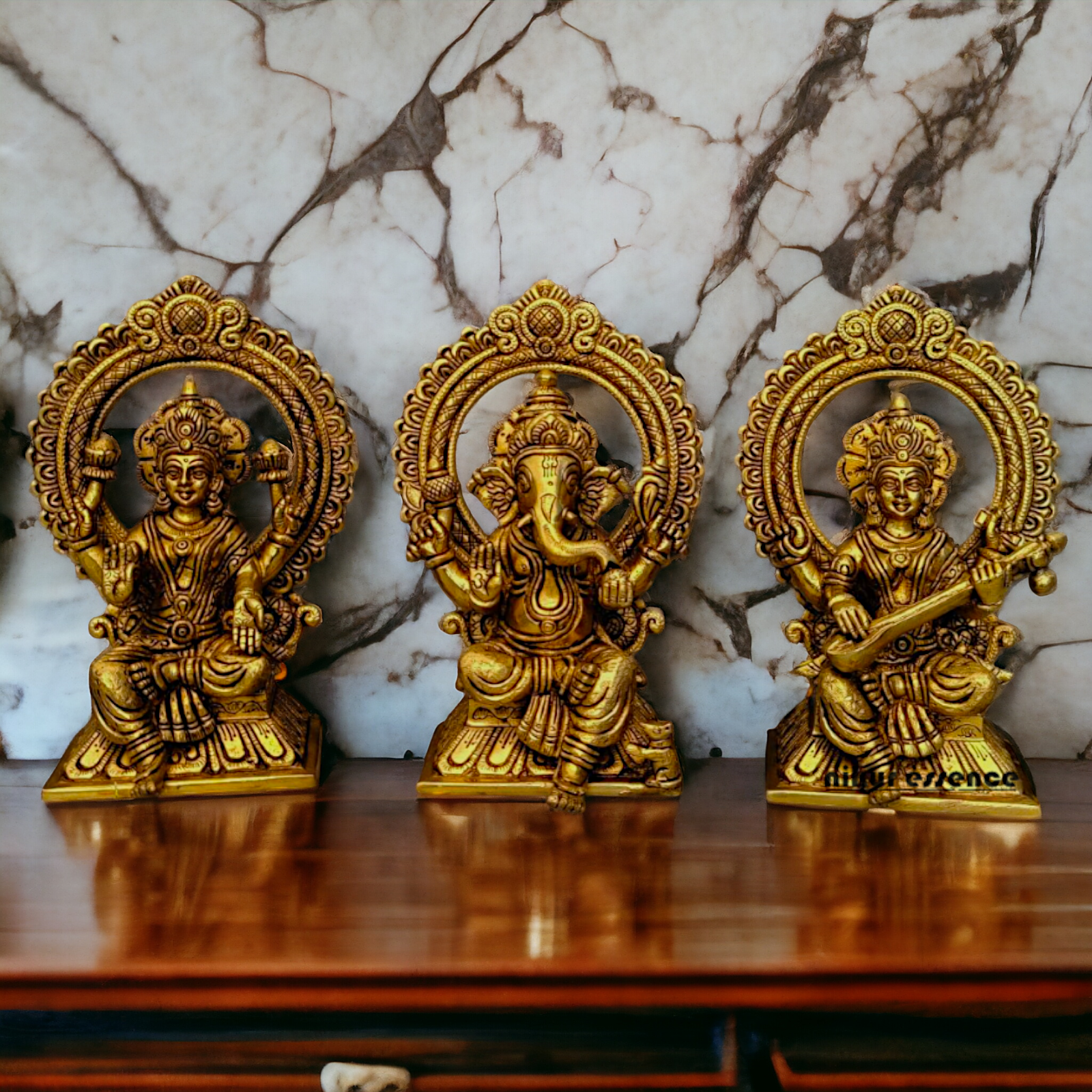 Ganesha Lakshmi Saraswati Sitting on Singhasan pital brass idol - 9.5 inch Nikuressence