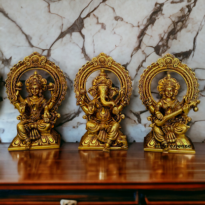 Ganesha Lakshmi Saraswati Sitting on Singhasan pital brass idol - 9.5 inch Nikuressence