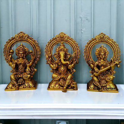 Ganesha Lakshmi Saraswati Sitting on Singhasan pital brass idol - 9.5 inch Nikuressence