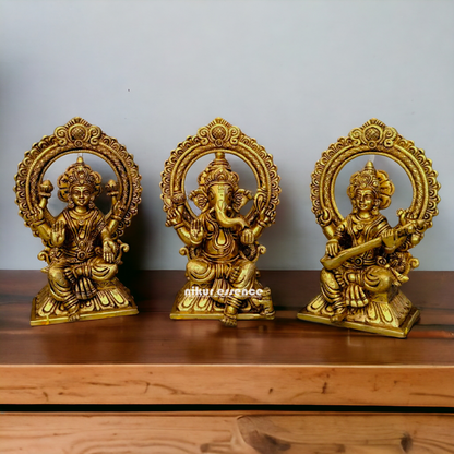 Ganesha Lakshmi Saraswati Sitting on Singhasan pital brass idol - 9.5 inch Nikuressence